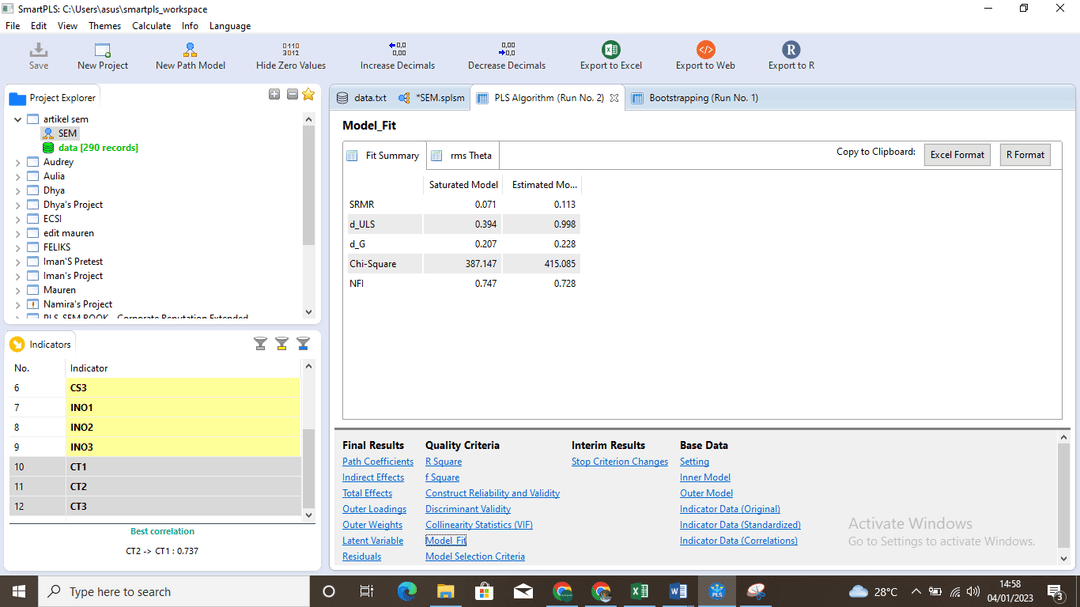Output Model Fit dengan nilai SRMR, NFI, dan RMS_theta