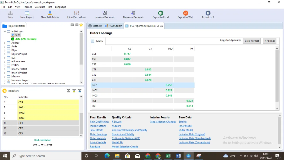 Menu Final Results untuk melihat nilai Outer Loadings di SmartPLS