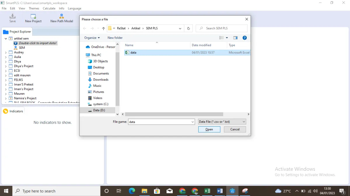 Dialog import data csv ke dalam project SmartPLS
