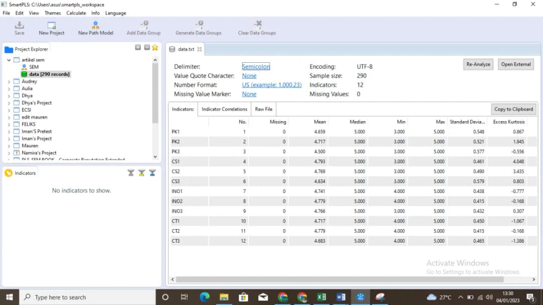 Jendela pemilihan file data kuesioner berformat csv di SmartPLS