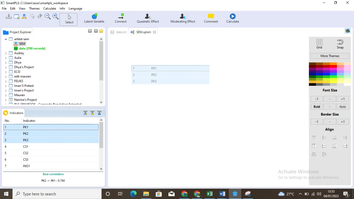 Daftar indikator variabel penelitian pada worksheet project SmartPLS