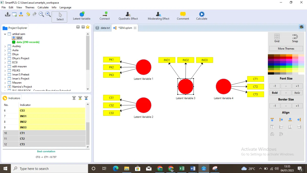 Indikator variabel yang telah di-drag ke worksheet project SmartPLS