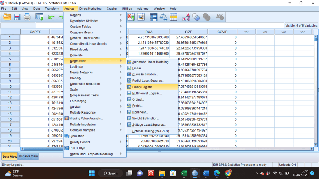 Menu Analyze - Regression - Binary Logistic di SPSS