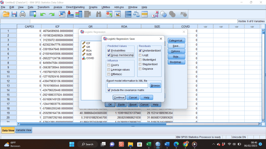 Pengaturan menu Save pada dialog regresi logistik biner
