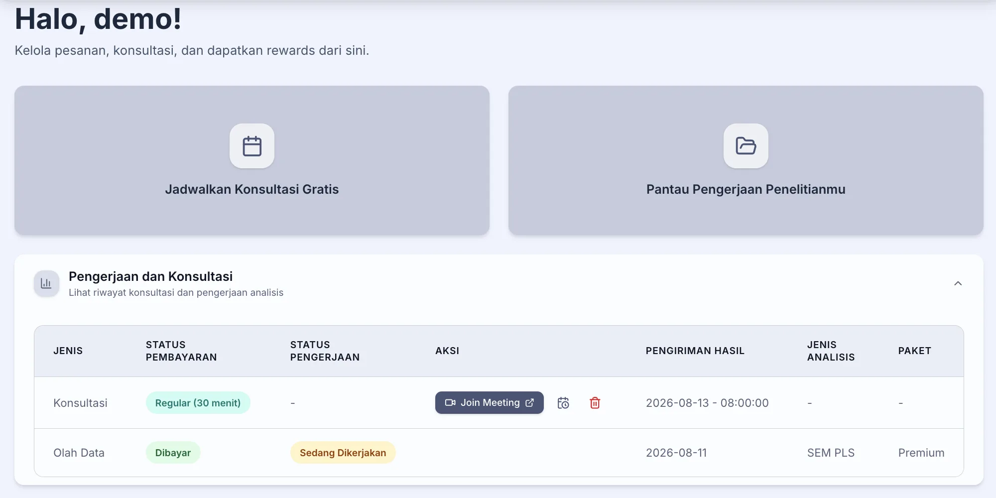Tampilan dashboard pelanggan Restat — status pembayaran, progres pengerjaan, dan estimasi selesai