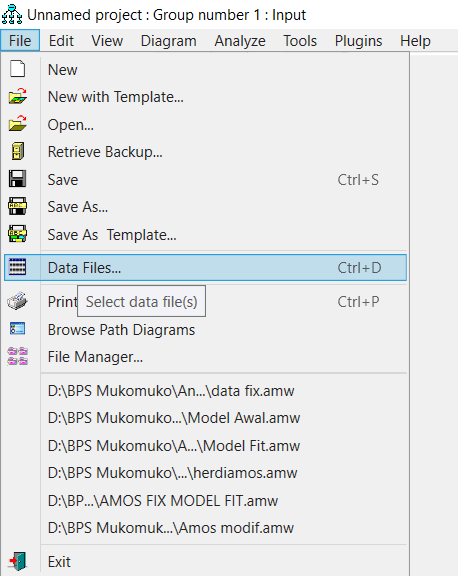 Menu File - Data Files untuk memilih file data di AMOS