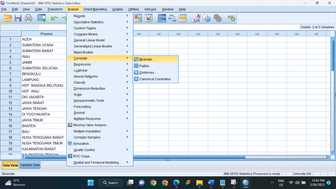 Menu Analyze - Correlate - Bivariate di SPSS