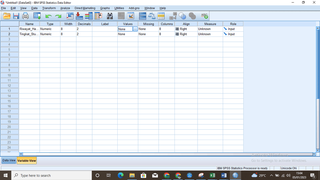 Tampilan menu Variable View untuk recoding data di SPSS